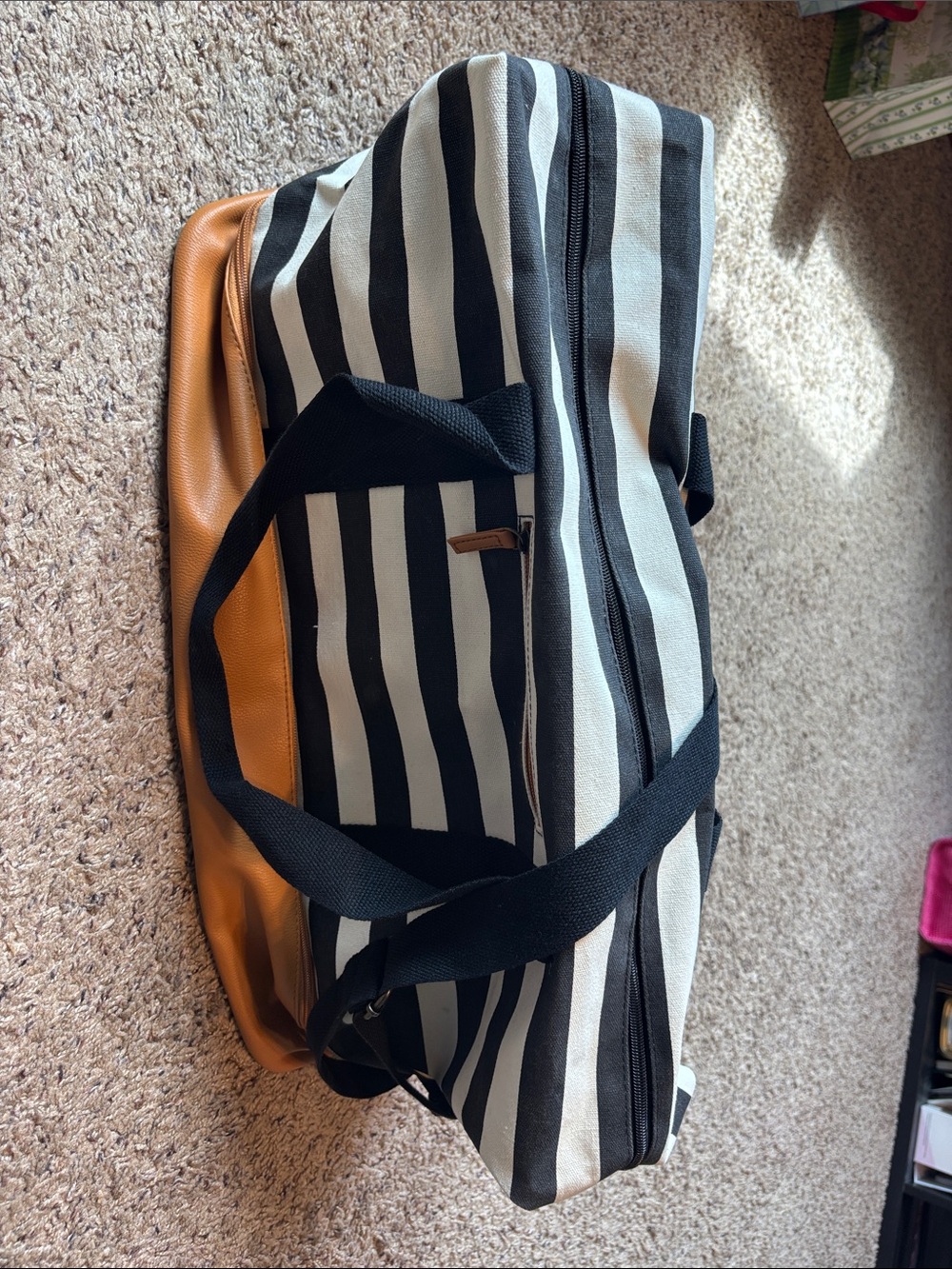 Striped Black & White Weekender Duffel with Tan Accent